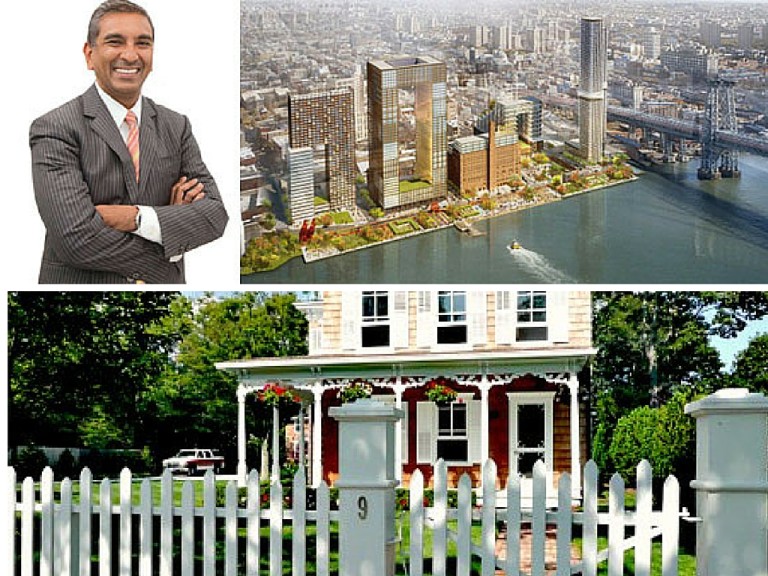Vishaan Chakrabarti (upper left), ideologue of hyper-density (Domino Sugar, upper right) and author of "A Country of Cities" weekends and summers in the charming, humans-scaled Long Island village of Bellport (typical house shown on bottom)