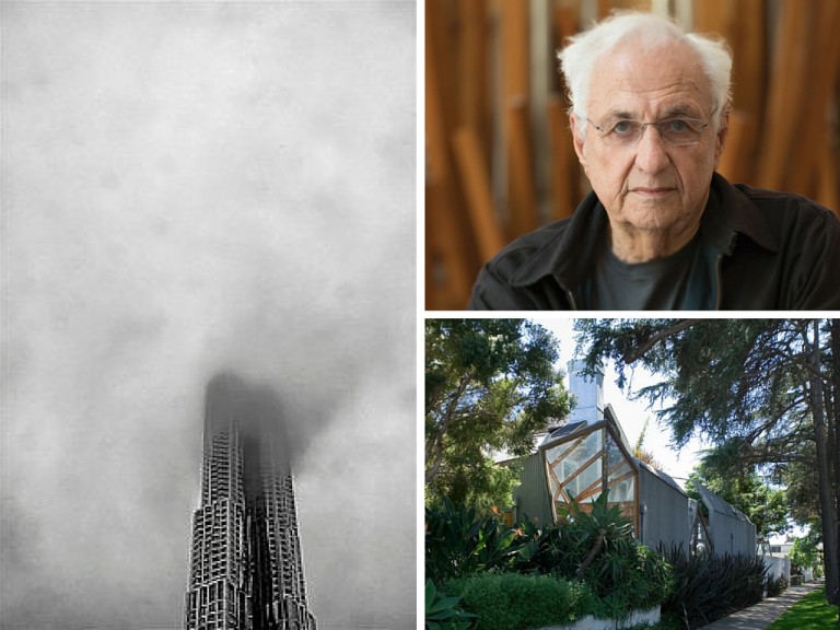 Architect Frank Gehry (upper right) of Gehry Building fame (left) lived for years in the human-scale suburban house in Santa Monica, CA.