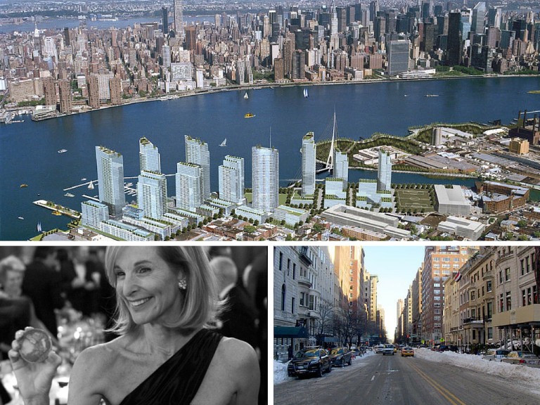 Socialite and former head of City Planning Amanda Burden (lower left) shoved through Bloomberg and Doctoroff's hyper-density ideas (Atlantic Yards shown above), all while sharing the block with Mayor Bloomberg on human-scaled, and landmarked, East 79th Street 